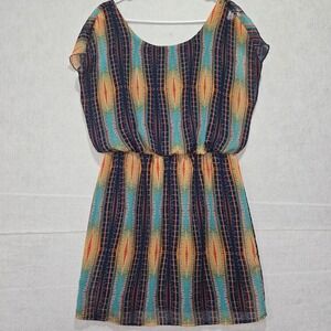 City Triangles Womens Dress Size L Blue Geometric Print Cap Sleeve Elastic Waist